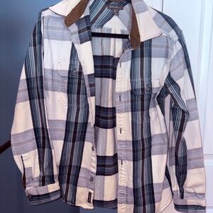 Eddie Bauer Blue and White Plaid Shirt with Brown Corduroy Collar